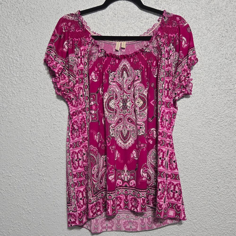 Madison Womens Pink Paisley Smocked‎ Neck Flutter Sleeve Blouse Size XL Feminine
